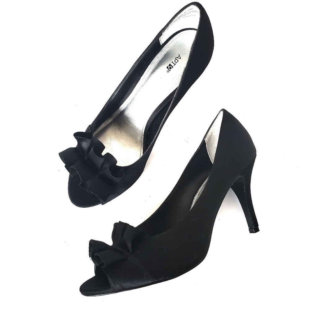 APT 9 Tailee Black Satin Ruffle Peep Toe